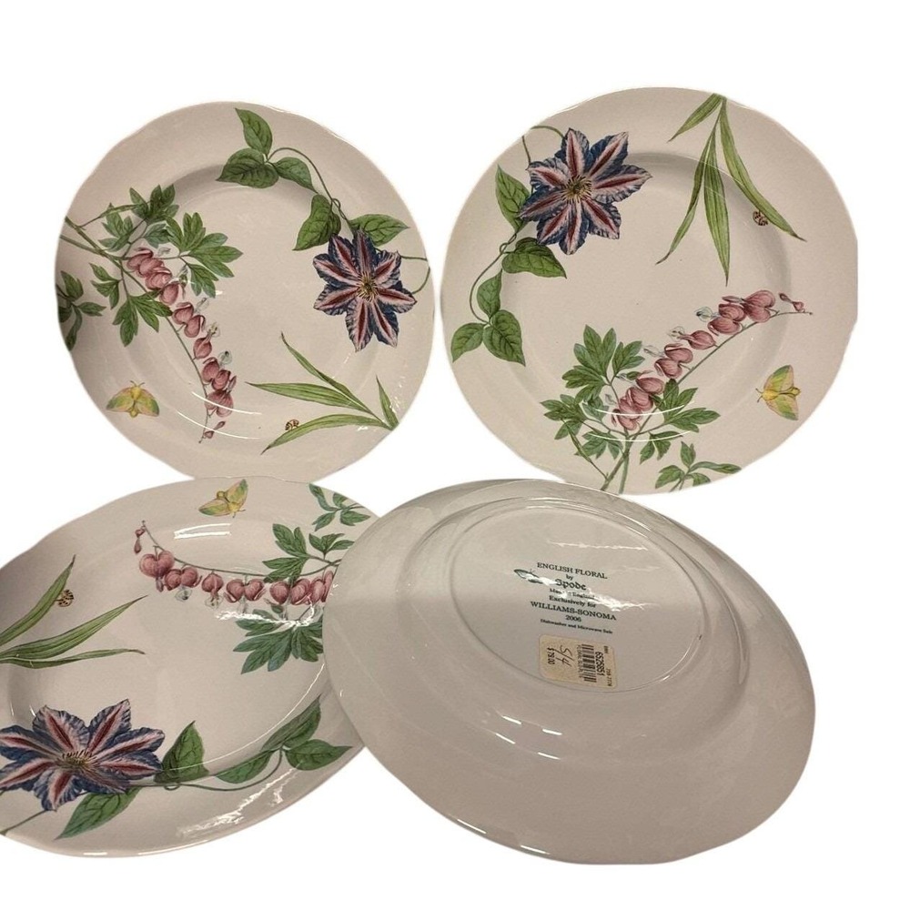 NEW 2006 Spode English Floral Williams Sonoma Vtg Plate Set 4 Clematis Butterfly